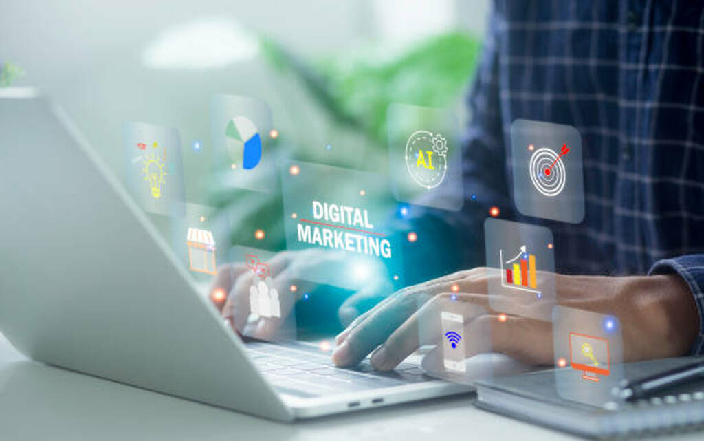 The idea is that online marketing digital channels relies on 'Internet' to communicate and analyze solutions and content developed in global network connection.